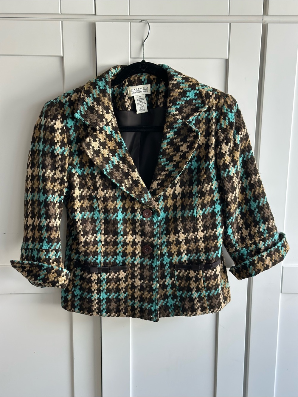 Vintage John Paul Richard Plaid Blazer Jacket Turquoise Brown Size 10